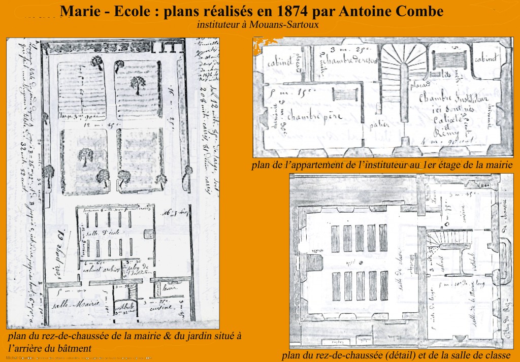plans de la Mairie réalisés par Antoine Combe, instituteur à Mouans-Sartoux (dans la Mairie) entre 1866 et 1874.